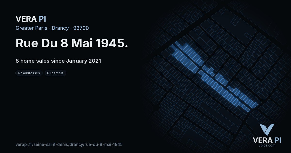Rue Du 8 Mai 1945, Drancy at night – every parcel coloured by the prices around it, the street's own parcels lit