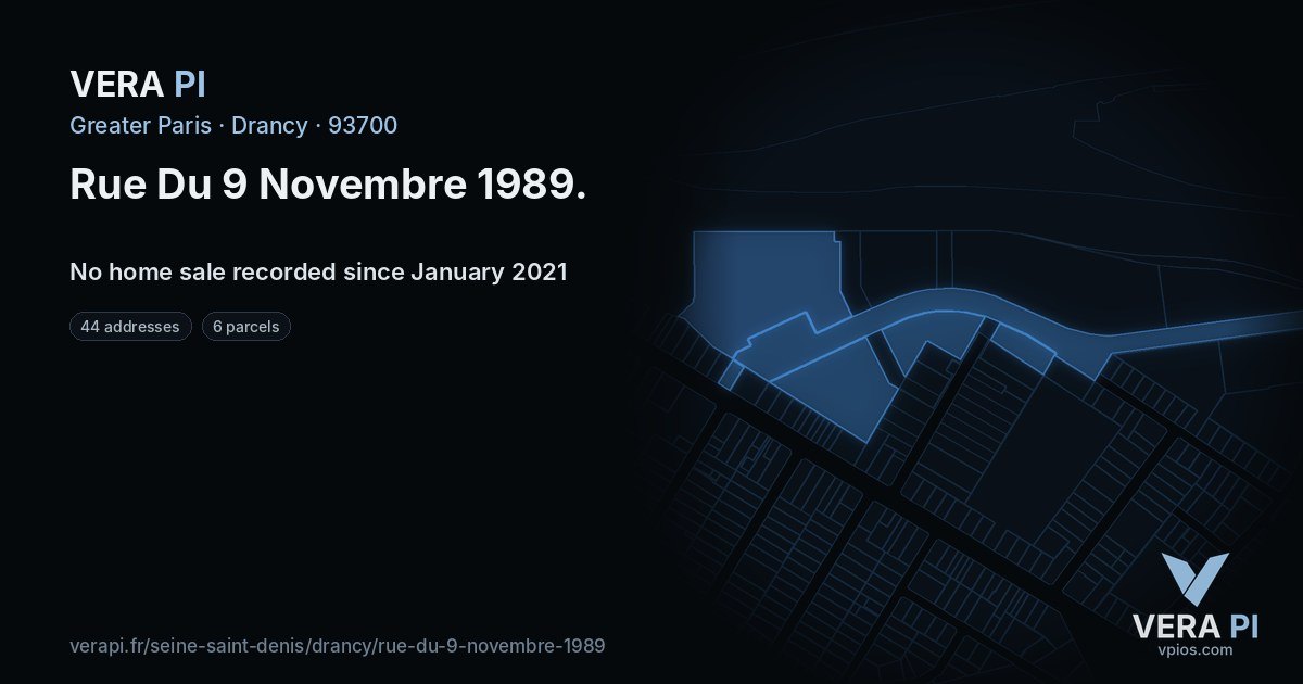 Rue Du 9 Novembre 1989, Drancy at night – every parcel coloured by the prices around it, the street's own parcels lit