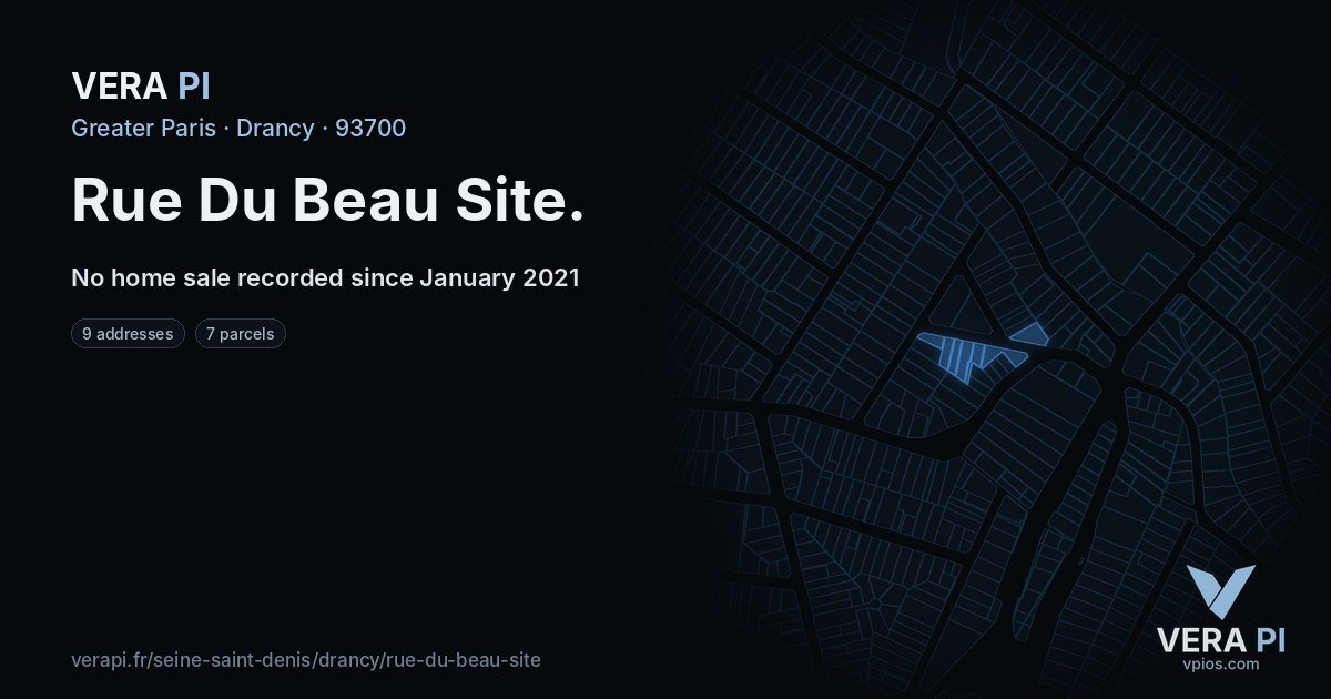 Rue Du Beau Site, Drancy at night – every parcel coloured by the prices around it, the street's own parcels lit