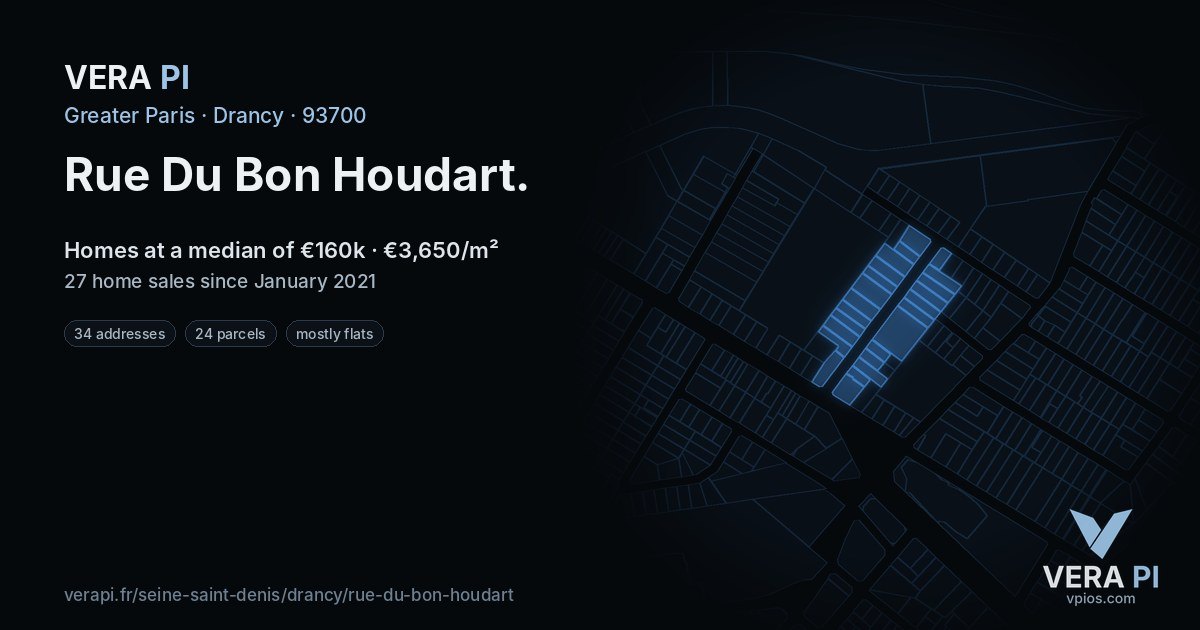 Rue Du Bon Houdart, Drancy at night – every parcel coloured by the prices around it, the street's own parcels lit