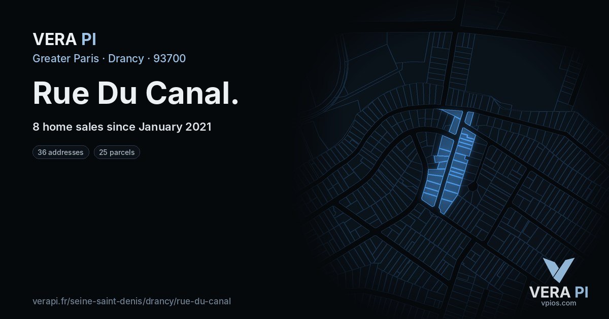 Rue Du Canal, Drancy at night – every parcel coloured by the prices around it, the street's own parcels lit