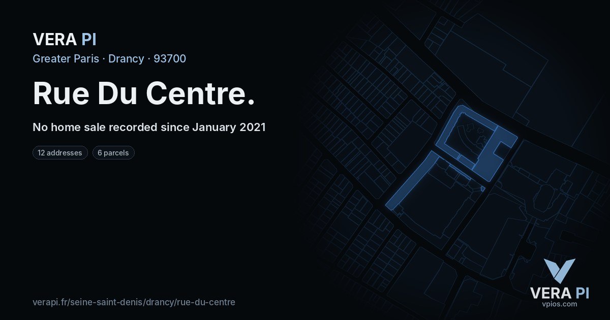 Rue Du Centre, Drancy at night – every parcel coloured by the prices around it, the street's own parcels lit