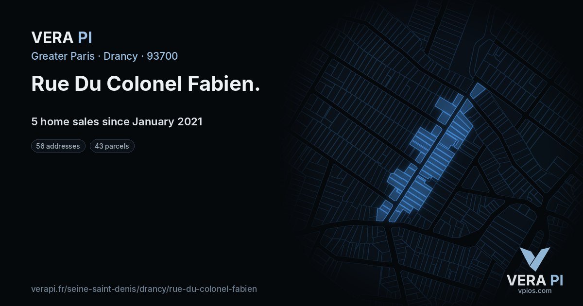 Rue Du Colonel Fabien, Drancy at night – every parcel coloured by the prices around it, the street's own parcels lit
