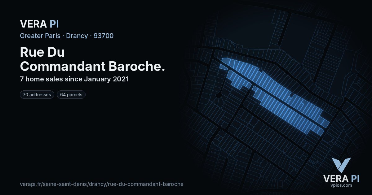 Rue Du Commandant Baroche, Drancy at night – every parcel coloured by the prices around it, the street's own parcels lit