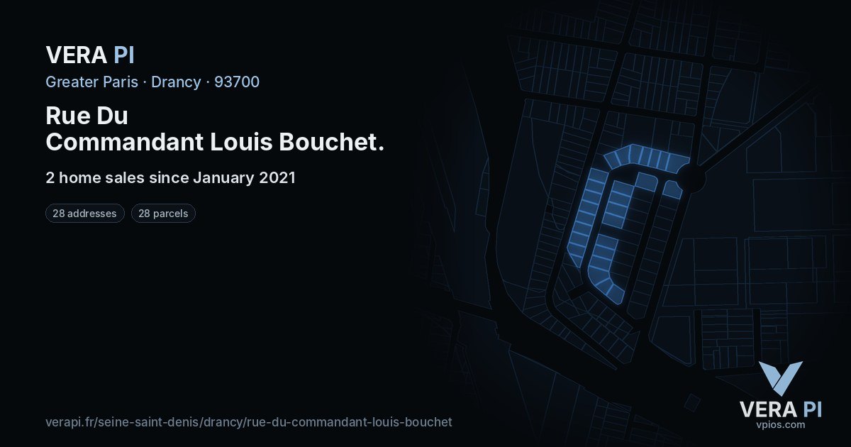 Rue Du Commandant Louis Bouchet, Drancy at night – every parcel coloured by the prices around it, the street's own parcels lit