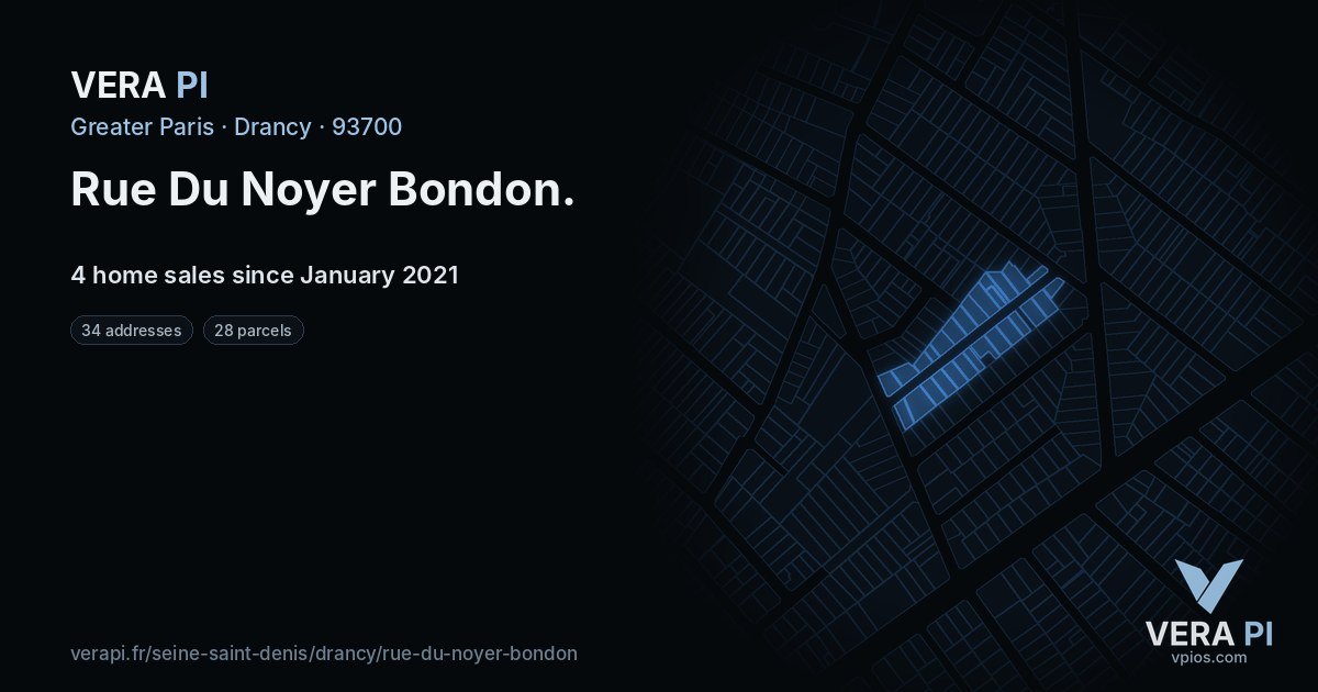 Rue Du Noyer Bondon, Drancy at night – every parcel coloured by the prices around it, the street's own parcels lit