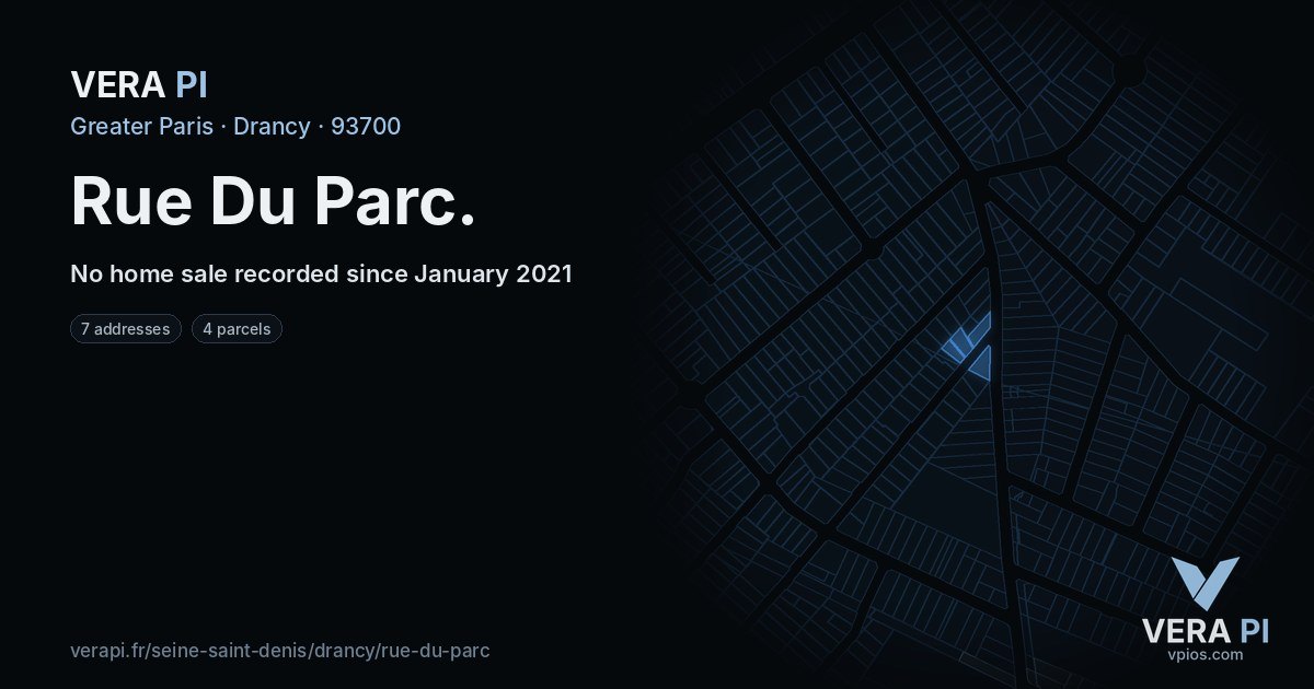 Rue Du Parc, Drancy at night – every parcel coloured by the prices around it, the street's own parcels lit