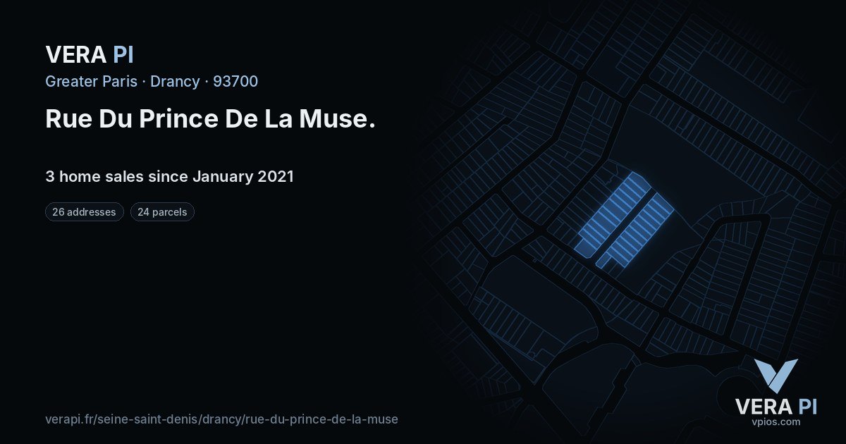 Rue Du Prince De La Muse, Drancy at night – every parcel coloured by the prices around it, the street's own parcels lit