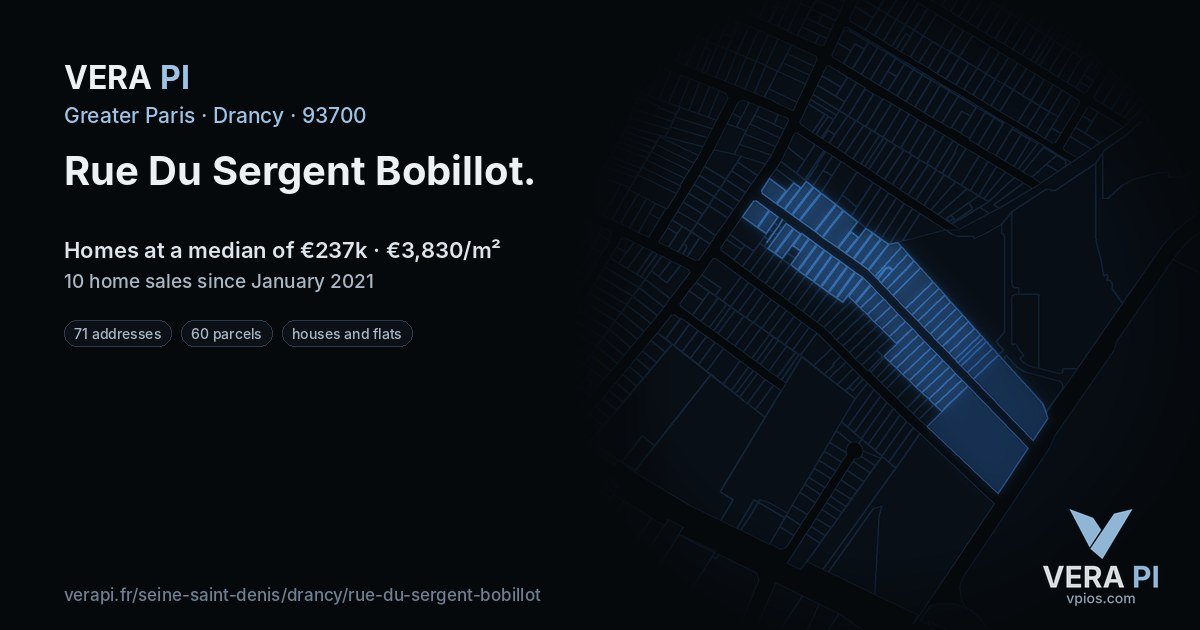 Rue Du Sergent Bobillot, Drancy at night – every parcel coloured by the prices around it, the street's own parcels lit