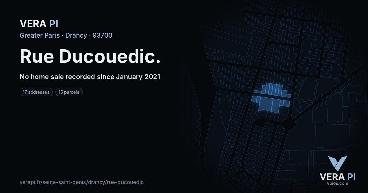 Rue Ducouedic, Drancy at night – every parcel coloured by the prices around it, the street's own parcels lit