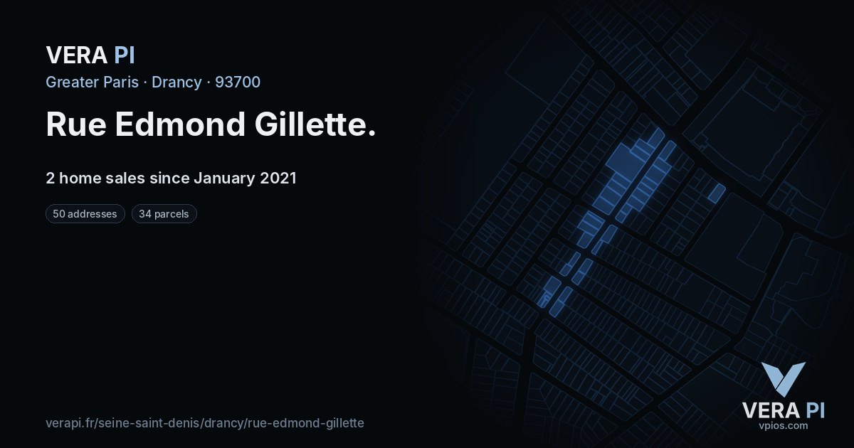 Rue Edmond Gillette, Drancy at night – every parcel coloured by the prices around it, the street's own parcels lit