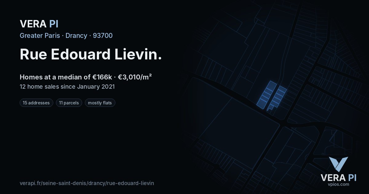 Rue Edouard Lievin, Drancy at night – every parcel coloured by the prices around it, the street's own parcels lit
