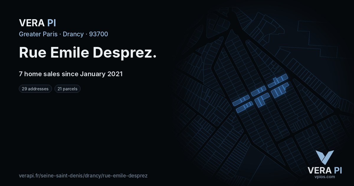 Rue Emile Desprez, Drancy at night – every parcel coloured by the prices around it, the street's own parcels lit