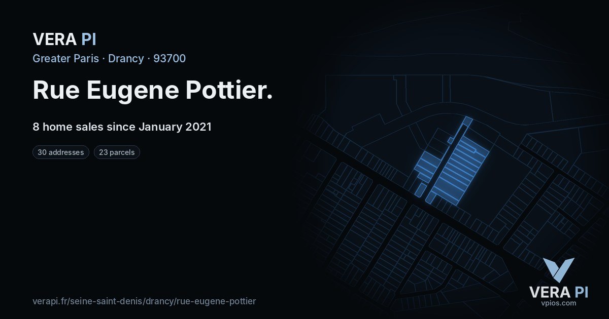 Rue Eugene Pottier, Drancy at night – every parcel coloured by the prices around it, the street's own parcels lit