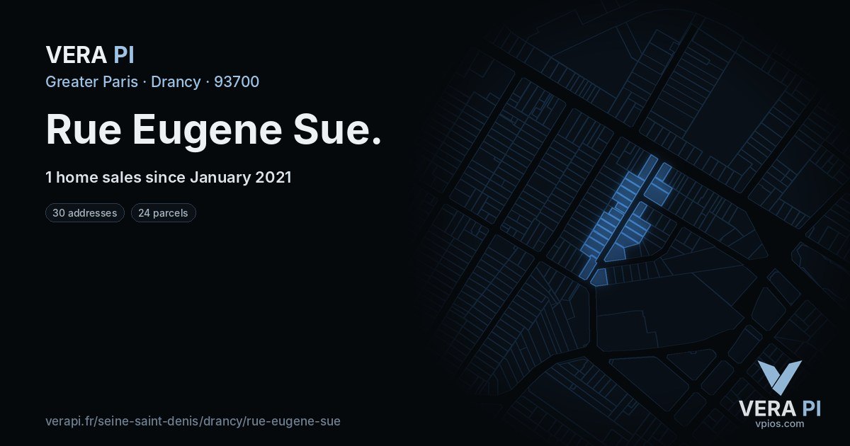 Rue Eugene Sue, Drancy at night – every parcel coloured by the prices around it, the street's own parcels lit