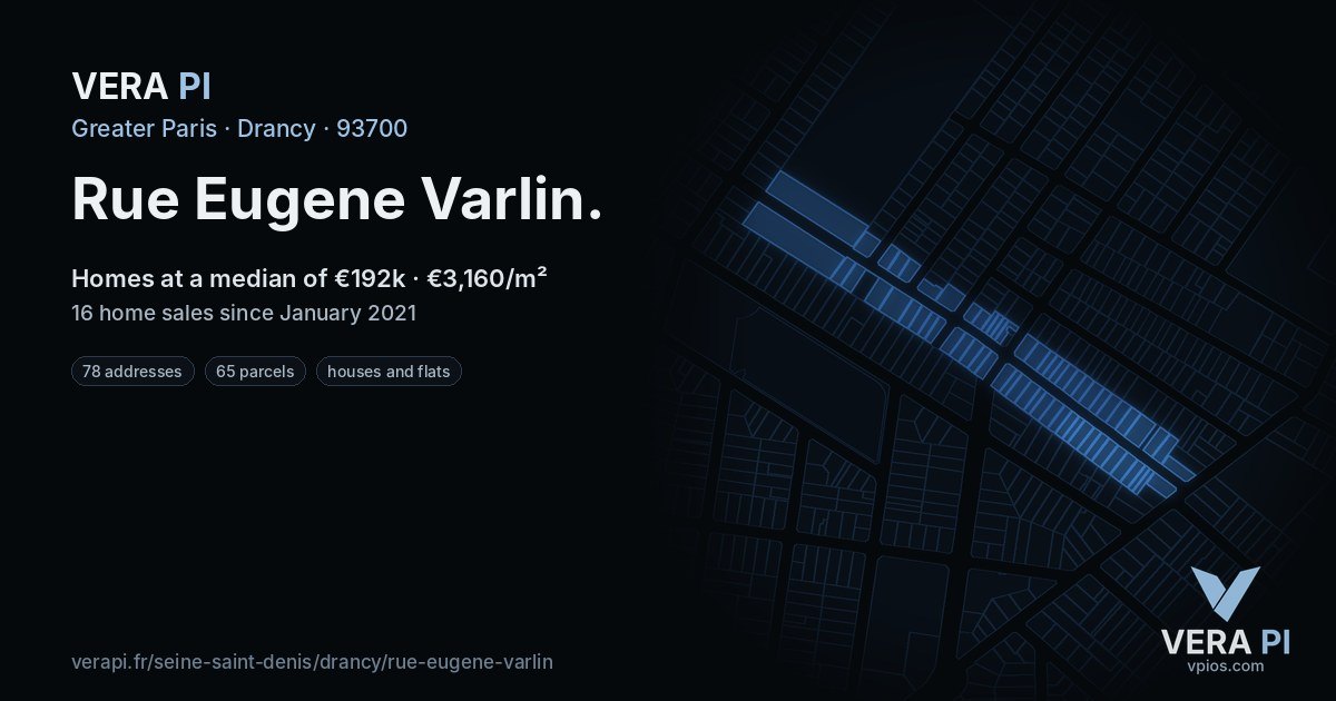 Rue Eugene Varlin, Drancy at night – every parcel coloured by the prices around it, the street's own parcels lit
