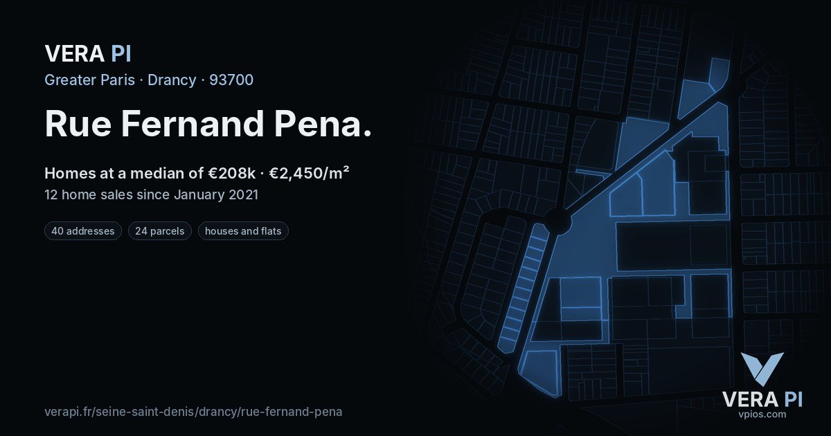 Rue Fernand Pena, Drancy at night – every parcel coloured by the prices around it, the street's own parcels lit