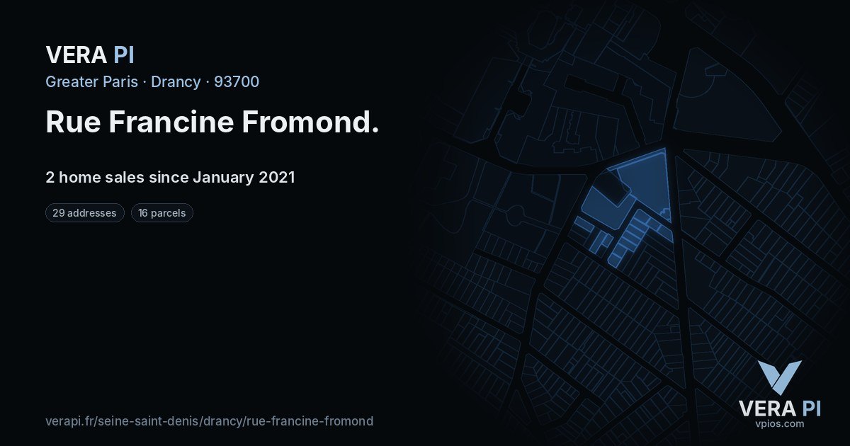 Rue Francine Fromond, Drancy at night – every parcel coloured by the prices around it, the street's own parcels lit