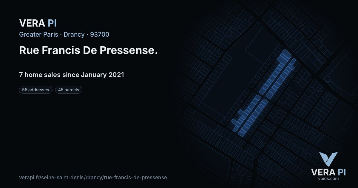 Rue Francis De Pressense, Drancy at night – every parcel coloured by the prices around it, the street's own parcels lit