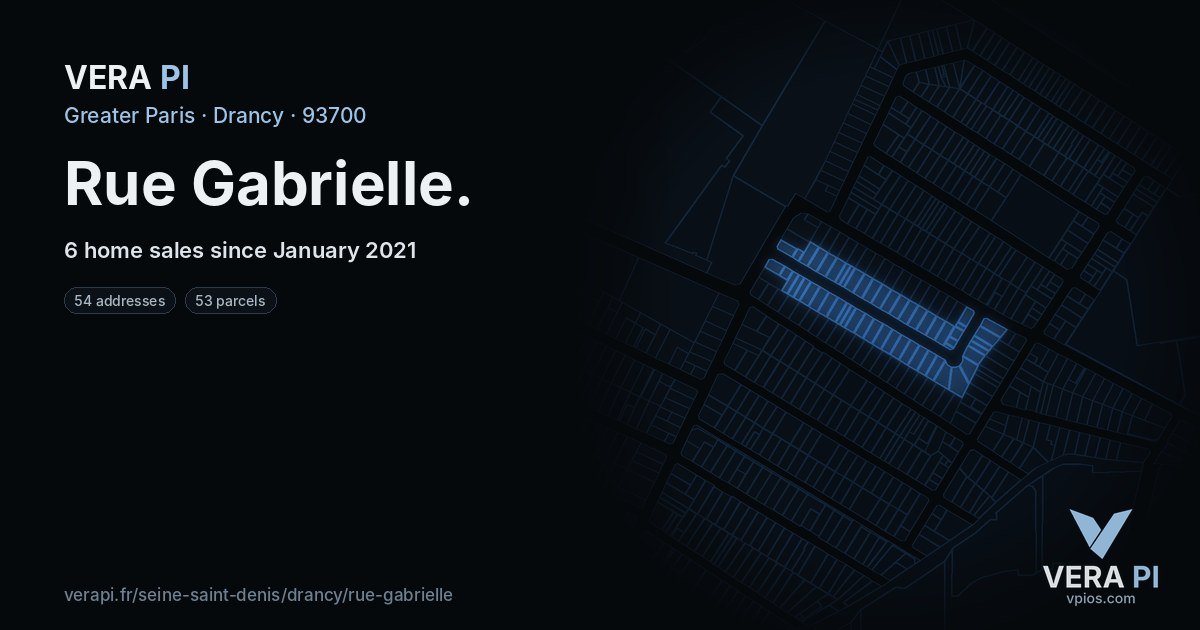 Rue Gabrielle, Drancy at night – every parcel coloured by the prices around it, the street's own parcels lit