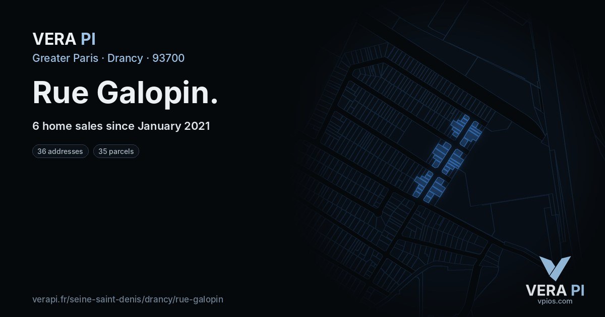 Rue Galopin, Drancy at night – every parcel coloured by the prices around it, the street's own parcels lit