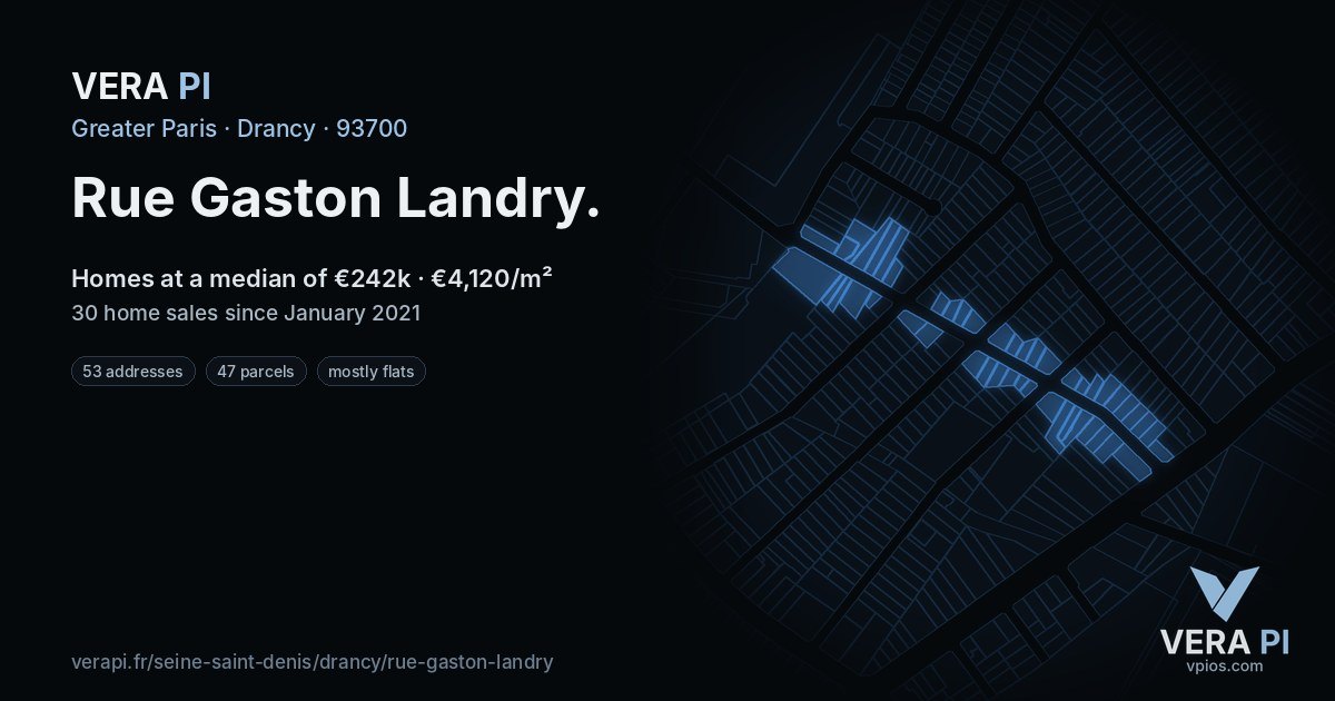 Rue Gaston Landry, Drancy at night – every parcel coloured by the prices around it, the street's own parcels lit