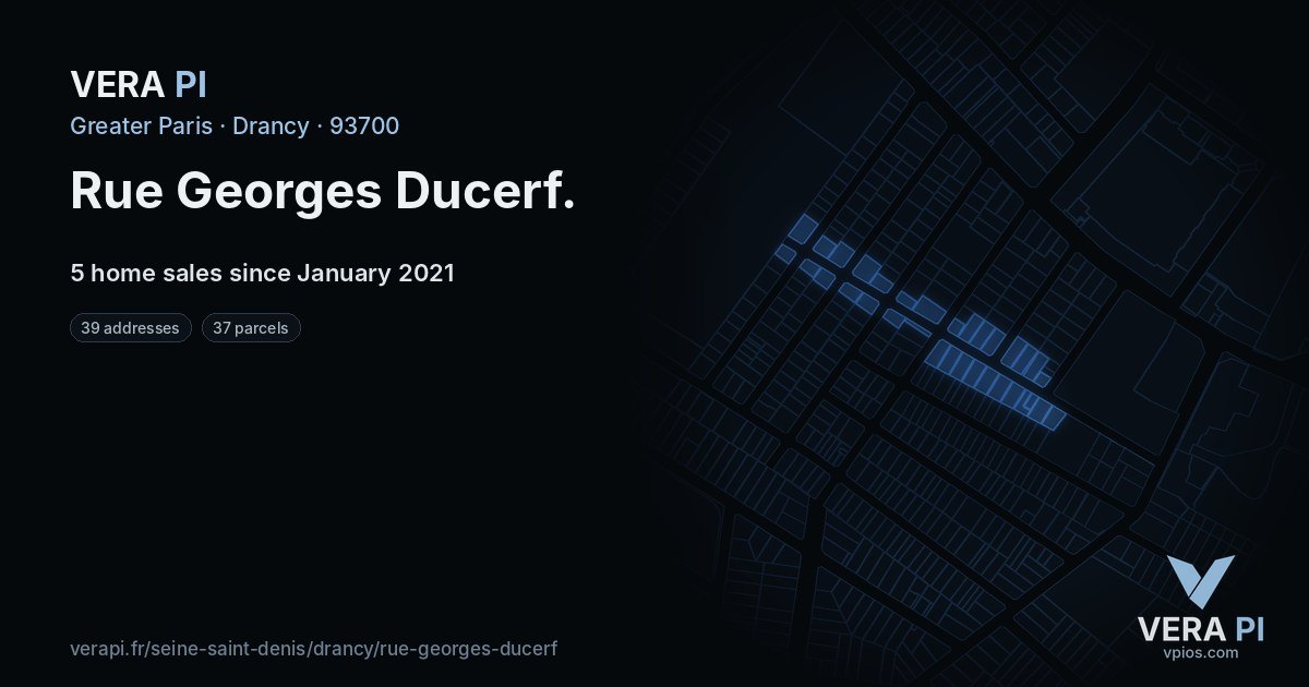 Rue Georges Ducerf, Drancy at night – every parcel coloured by the prices around it, the street's own parcels lit