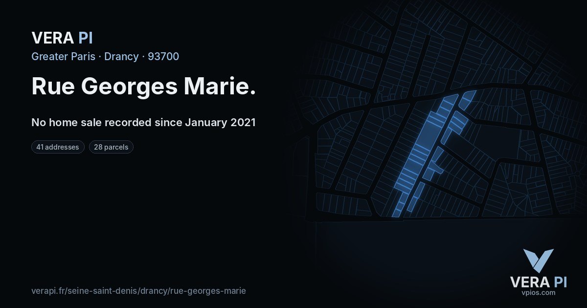 Rue Georges Marie, Drancy at night – every parcel coloured by the prices around it, the street's own parcels lit