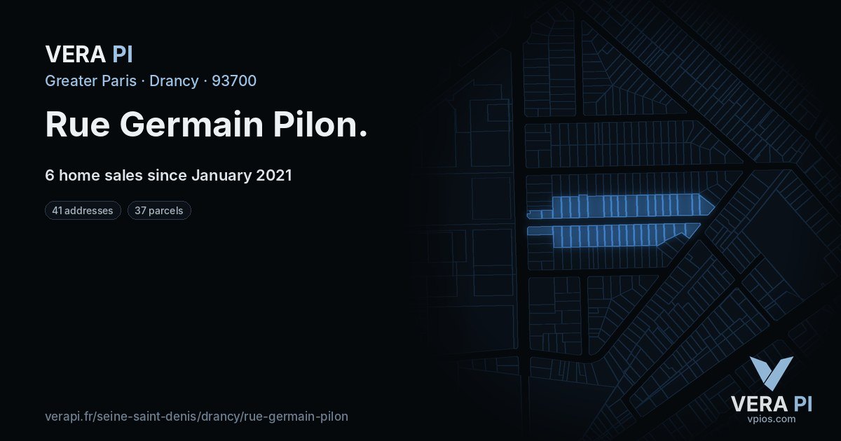 Rue Germain Pilon, Drancy at night – every parcel coloured by the prices around it, the street's own parcels lit