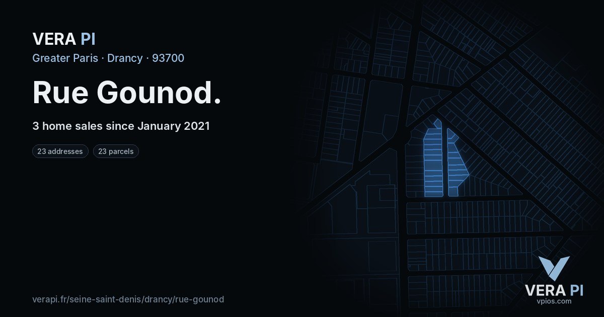 Rue Gounod, Drancy at night – every parcel coloured by the prices around it, the street's own parcels lit