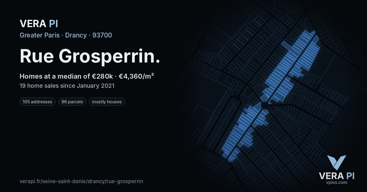 Rue Grosperrin, Drancy at night – every parcel coloured by the prices around it, the street's own parcels lit