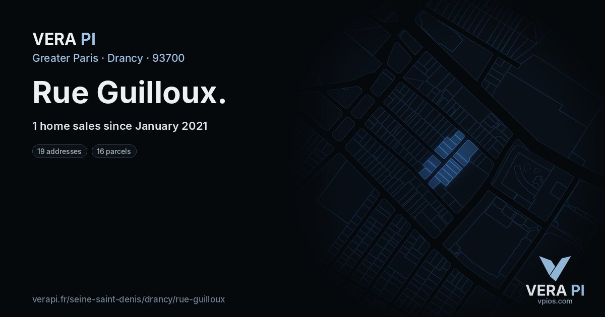 Rue Guilloux, Drancy at night – every parcel coloured by the prices around it, the street's own parcels lit
