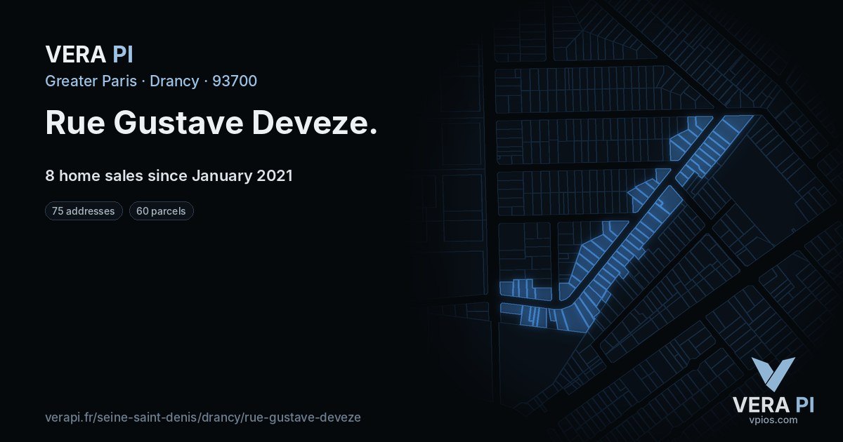 Rue Gustave Deveze, Drancy at night – every parcel coloured by the prices around it, the street's own parcels lit