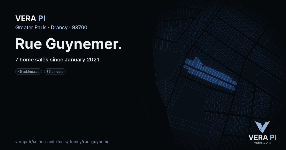 Rue Guynemer, Drancy at night – every parcel coloured by the prices around it, the street's own parcels lit