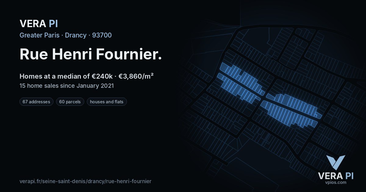 Rue Henri Fournier, Drancy at night – every parcel coloured by the prices around it, the street's own parcels lit