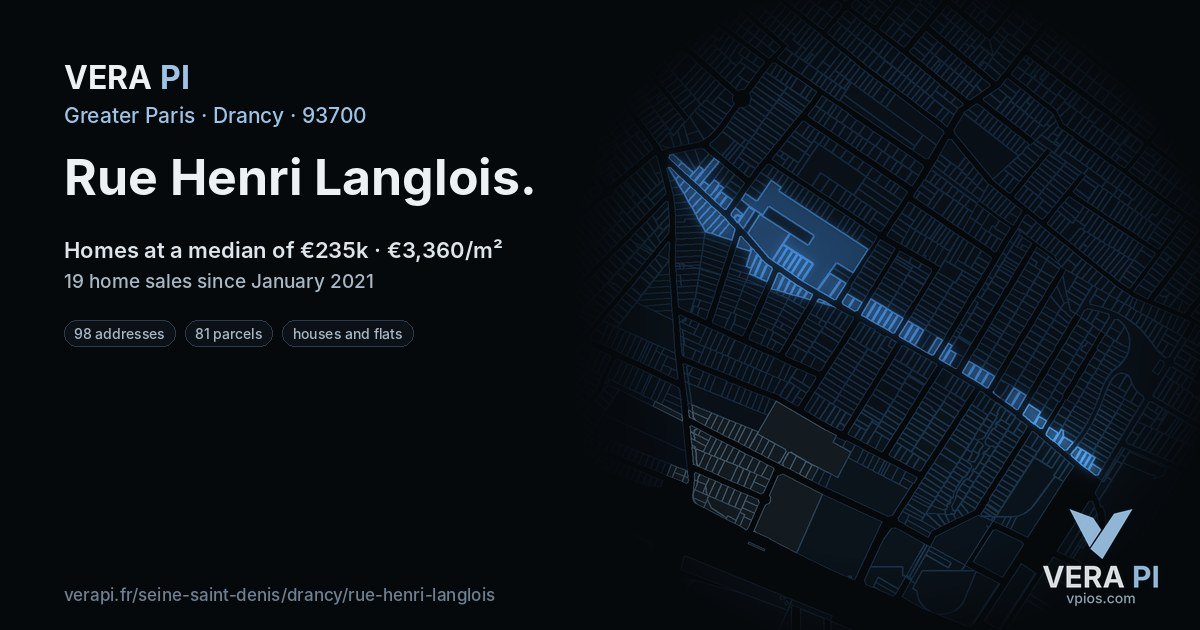 Rue Henri Langlois, Drancy at night – every parcel coloured by the prices around it, the street's own parcels lit