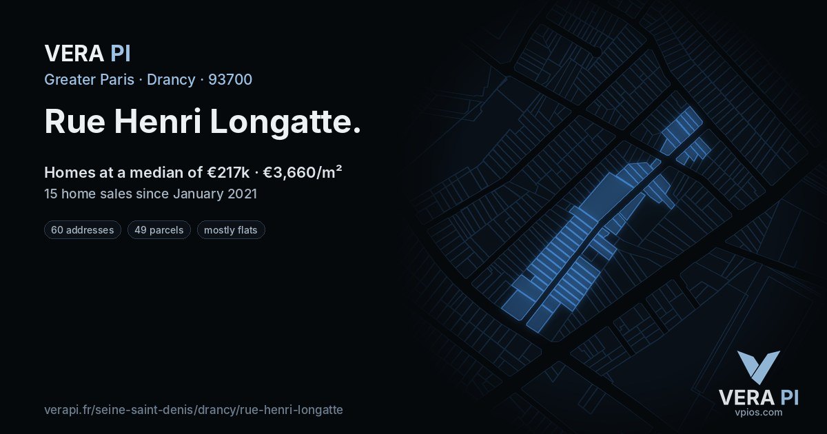 Rue Henri Longatte, Drancy at night – every parcel coloured by the prices around it, the street's own parcels lit