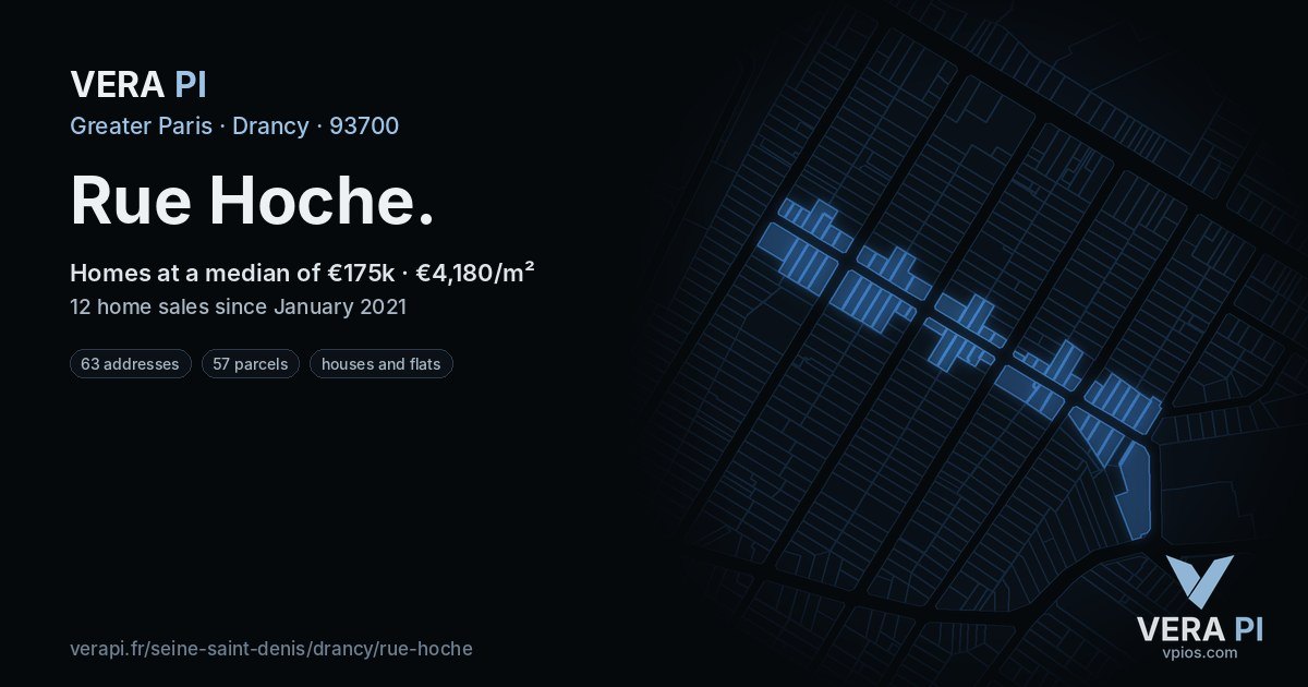Rue Hoche, Drancy at night – every parcel coloured by the prices around it, the street's own parcels lit