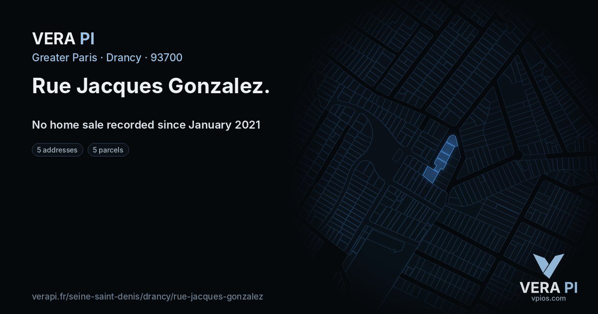 Rue Jacques Gonzalez, Drancy at night – every parcel coloured by the prices around it, the street's own parcels lit