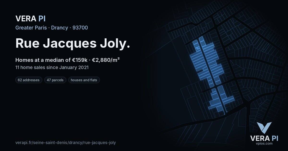 Rue Jacques Joly, Drancy at night – every parcel coloured by the prices around it, the street's own parcels lit