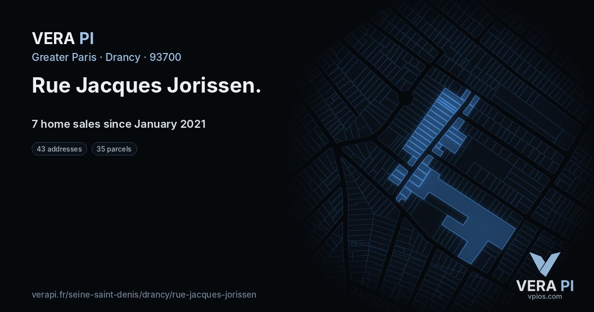 Rue Jacques Jorissen, Drancy at night – every parcel coloured by the prices around it, the street's own parcels lit