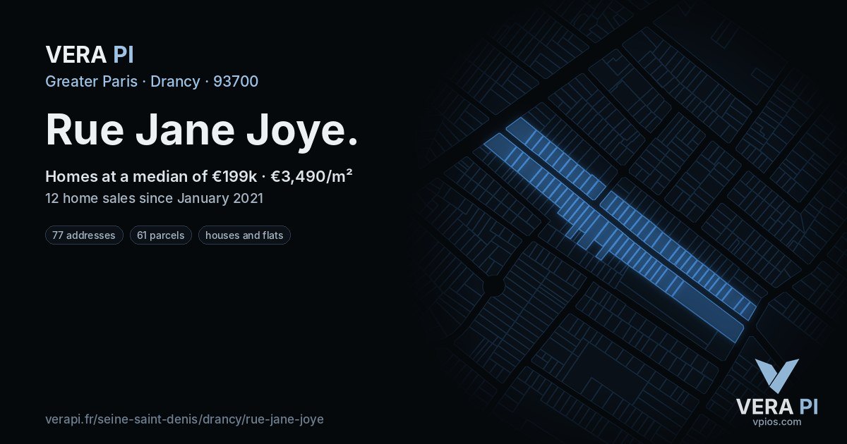 Rue Jane Joye, Drancy at night – every parcel coloured by the prices around it, the street's own parcels lit