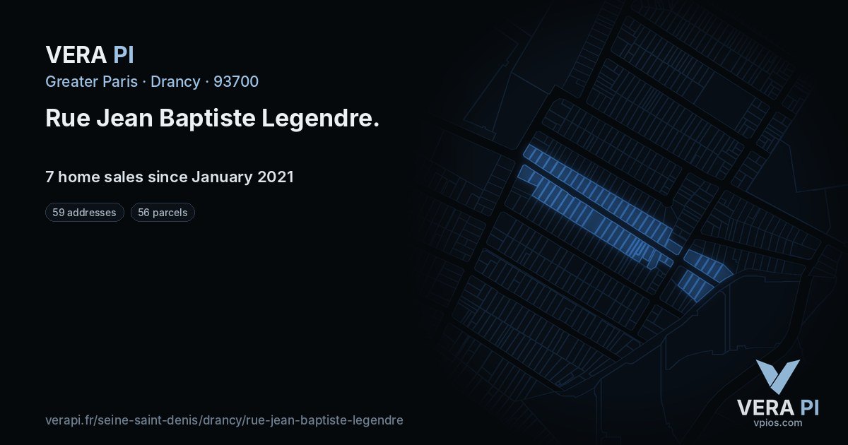 Rue Jean Baptiste Legendre, Drancy at night – every parcel coloured by the prices around it, the street's own parcels lit
