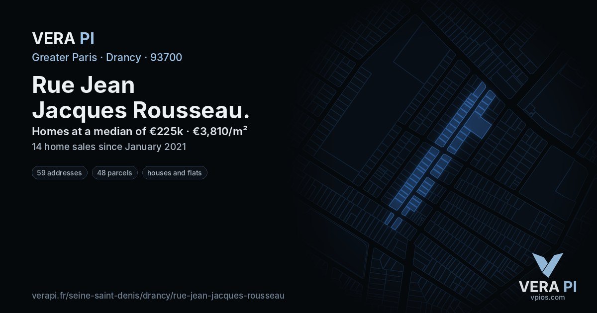 Rue Jean Jacques Rousseau, Drancy at night – every parcel coloured by the prices around it, the street's own parcels lit
