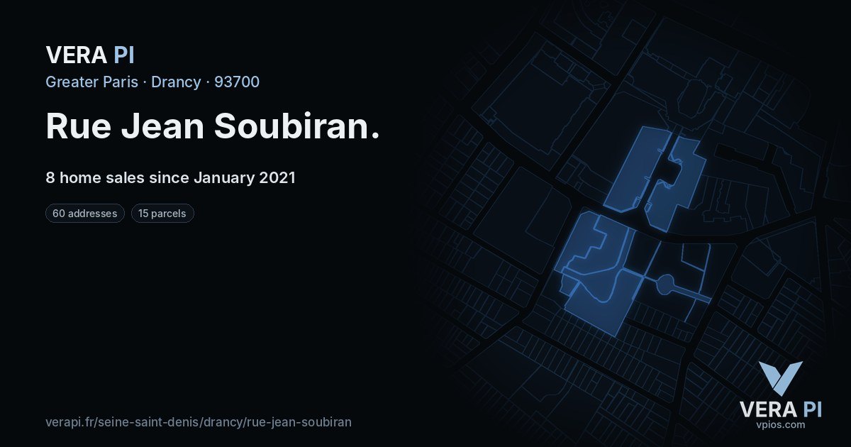 Rue Jean Soubiran, Drancy at night – every parcel coloured by the prices around it, the street's own parcels lit