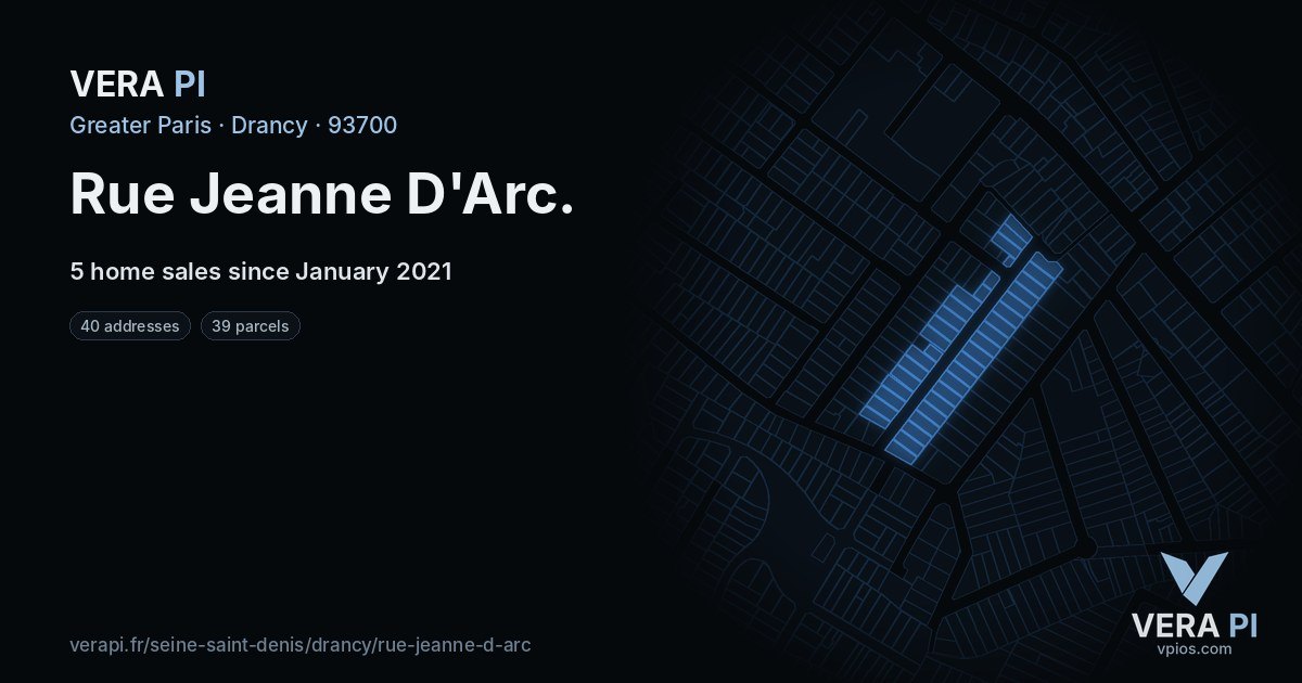 Rue Jeanne D'Arc, Drancy at night – every parcel coloured by the prices around it, the street's own parcels lit