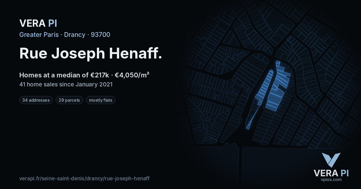 Rue Joseph Henaff, Drancy at night – every parcel coloured by the prices around it, the street's own parcels lit