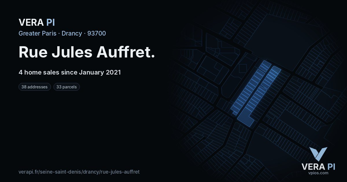 Rue Jules Auffret, Drancy at night – every parcel coloured by the prices around it, the street's own parcels lit