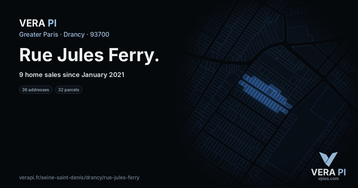 Rue Jules Ferry, Drancy at night – every parcel coloured by the prices around it, the street's own parcels lit
