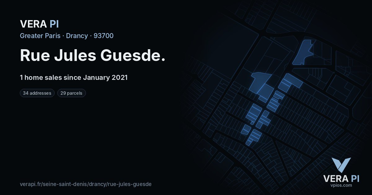 Rue Jules Guesde, Drancy at night – every parcel coloured by the prices around it, the street's own parcels lit